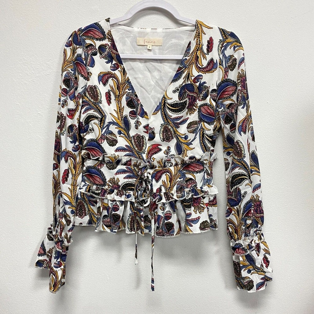 Fanco women Small vneck floral long sleeve tie front Crop top Cottagecore *
